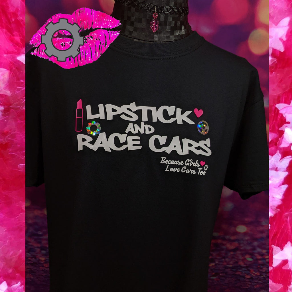 LIPSTICK AND RACE CARS BLACK UNISEX SHORT SLEEVE T SHIRT